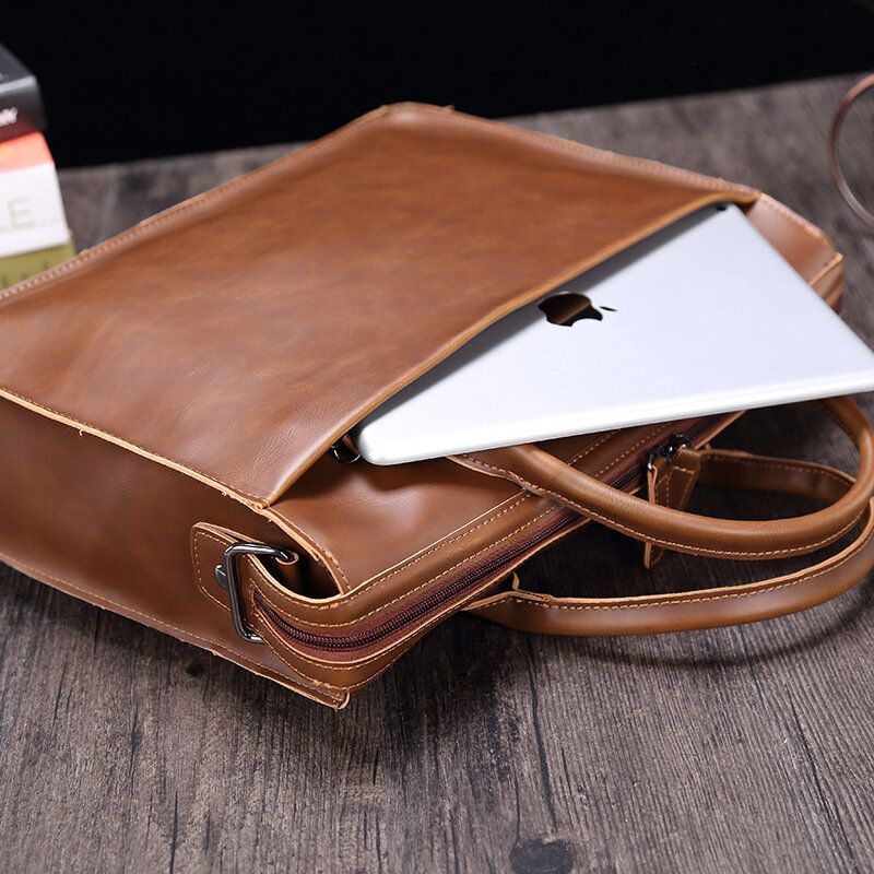 Män Horisontell Flerfack Portfölj Med Flera Fack Vintage Pu-läder 14-tums Bärbar Datorväska Crossbody-väska Axelväska Handväska