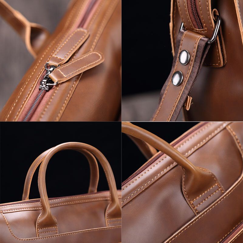 Män Horisontell Flerfack Portfölj Med Flera Fack Vintage Pu-läder 14-tums Bärbar Datorväska Crossbody-väska Axelväska Handväska