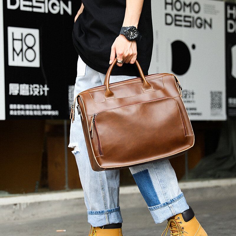 Män Horisontell Flerfack Portfölj Med Flera Fack Vintage Pu-läder 14-tums Bärbar Datorväska Crossbody-väska Axelväska Handväska