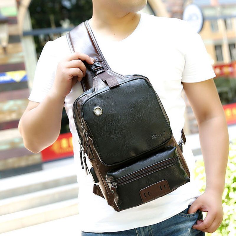 Män Pu Läder Vintage Multifunktion Hörlurar Hål Usb Laddning Crossbody Bag Bröstväska Sling Bag