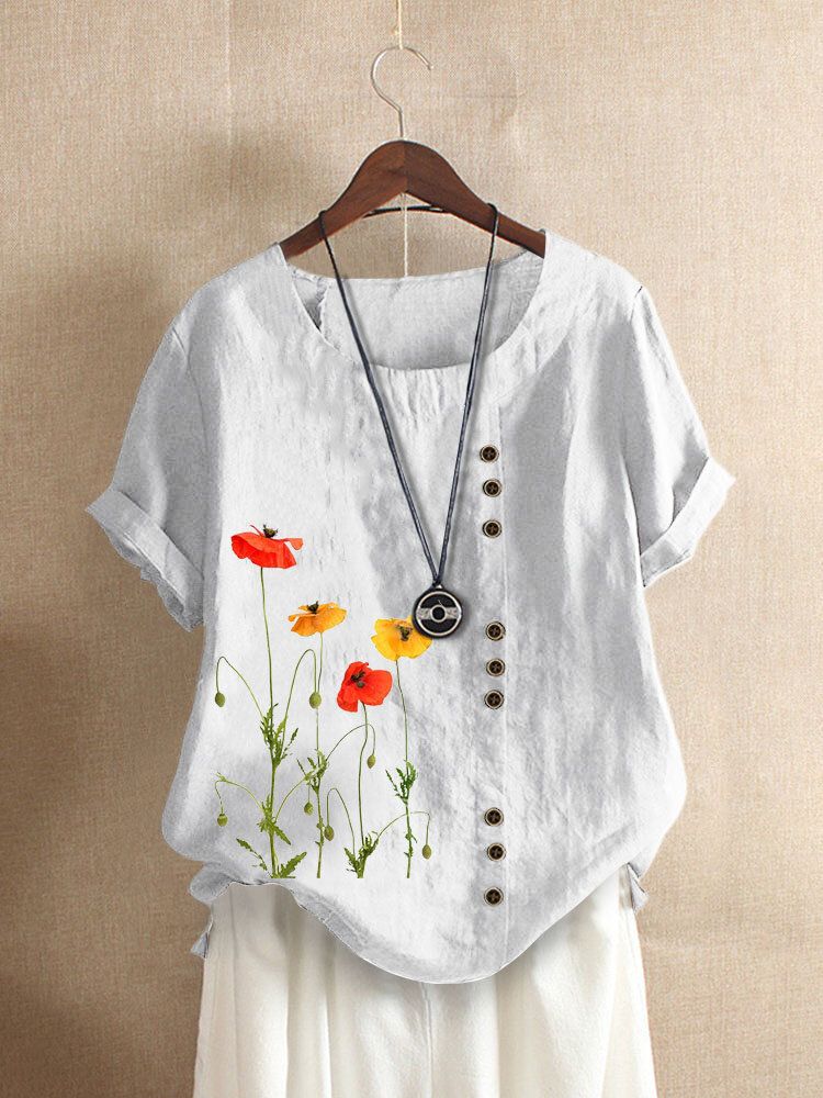 Blommönster O-ringad Kortärmad T-shirt Med Knapp För Kvinnor