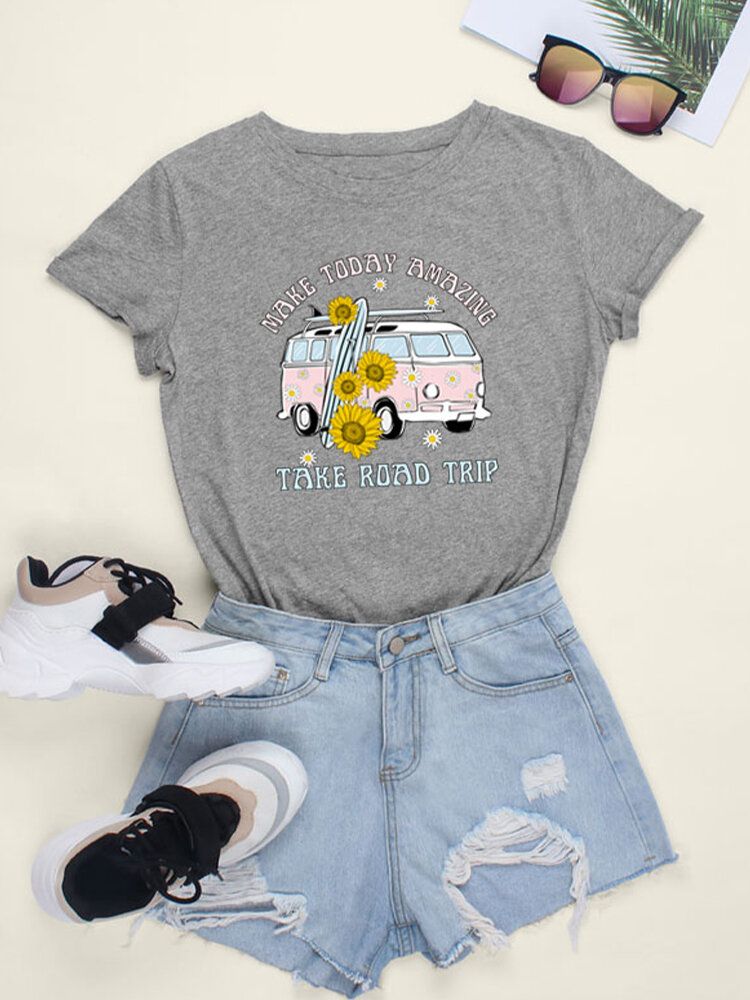 Dam Daisy Car Slogantryck O-ringad Casual Kortärmade T-shirts