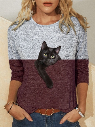 Dam Kontrastfärg 3d Katttryck Långärmad O-ringad Casual T-shirt