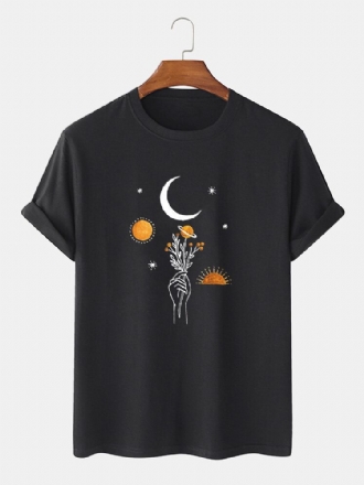 Herr 100% Bomull Månblommor Tryck Solid Andas Lös T-shirt
