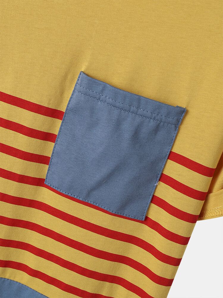 Herr Bomull Kontrastrandig Färgblock Bröstficka Kortärmad Fritids-t-shirt
