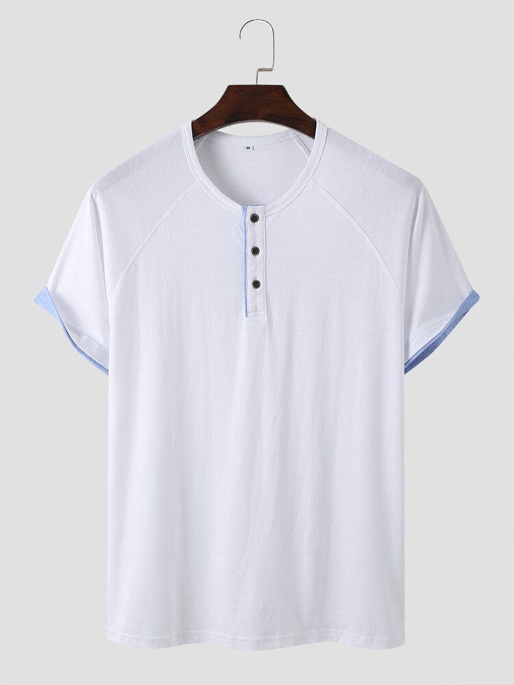 Herr Kontrasttrim Framknappar O-hals Mjuk Andas All Matchad Fritids-t-shirt