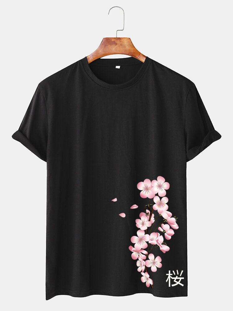 Körsbärstryck Herr I Japansk Stil O-ringad Kortärmad T-shirt