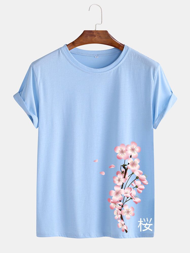 Körsbärstryck Herr I Japansk Stil O-ringad Kortärmad T-shirt