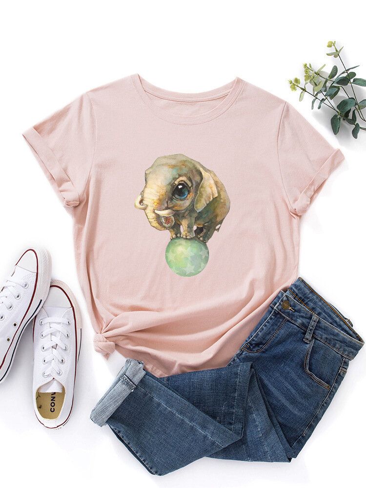 Kvinnor Söt Tecknad Elefant Grafiskt Tryck Flerfärgad O-ringad Kortärmad Casual T-shirt