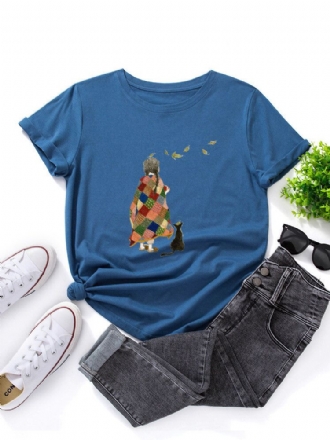 Kvinnor Tecknad Girl Cat Print O-ringad Kortärmad Casual T-shirts