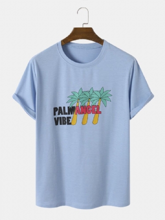 Män Palm Tree Letter Print Casual All Matchat Hudvänliga T-shirts Med Rund Hals