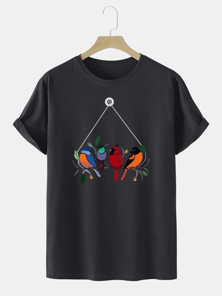 T-shirt Med Rund Hals Färgglad Fågeltryck För Män 100% Bomull