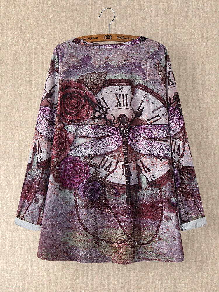 Vintage Blommigt Tryckt O-ringad Långärmad Oregelbunden T-shirt För Kvinnor