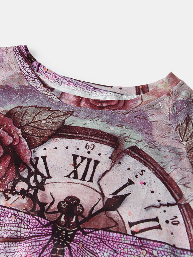 Vintage Blommigt Tryckt O-ringad Långärmad Oregelbunden T-shirt För Kvinnor