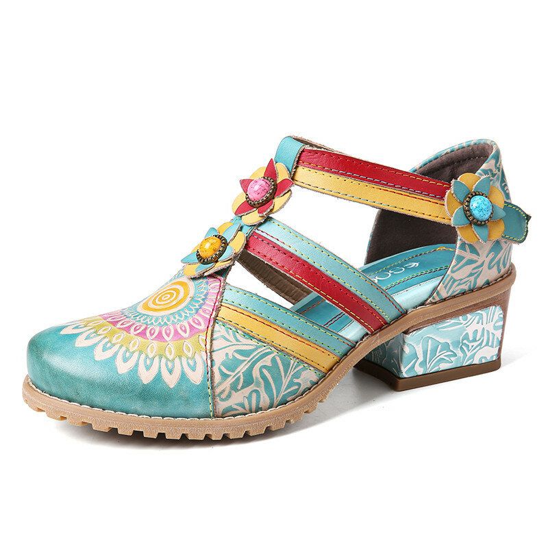 Bohemia Etnisk Stil Sömmar Präglade Pärlor Blommiga Chunky Heel Pumps