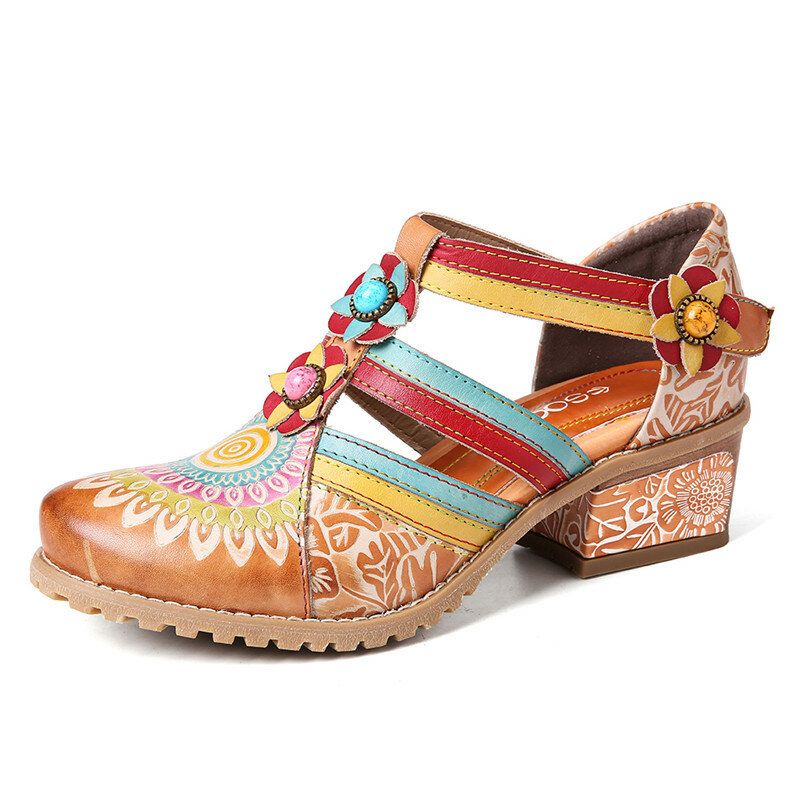 Bohemia Etnisk Stil Sömmar Präglade Pärlor Blommiga Chunky Heel Pumps