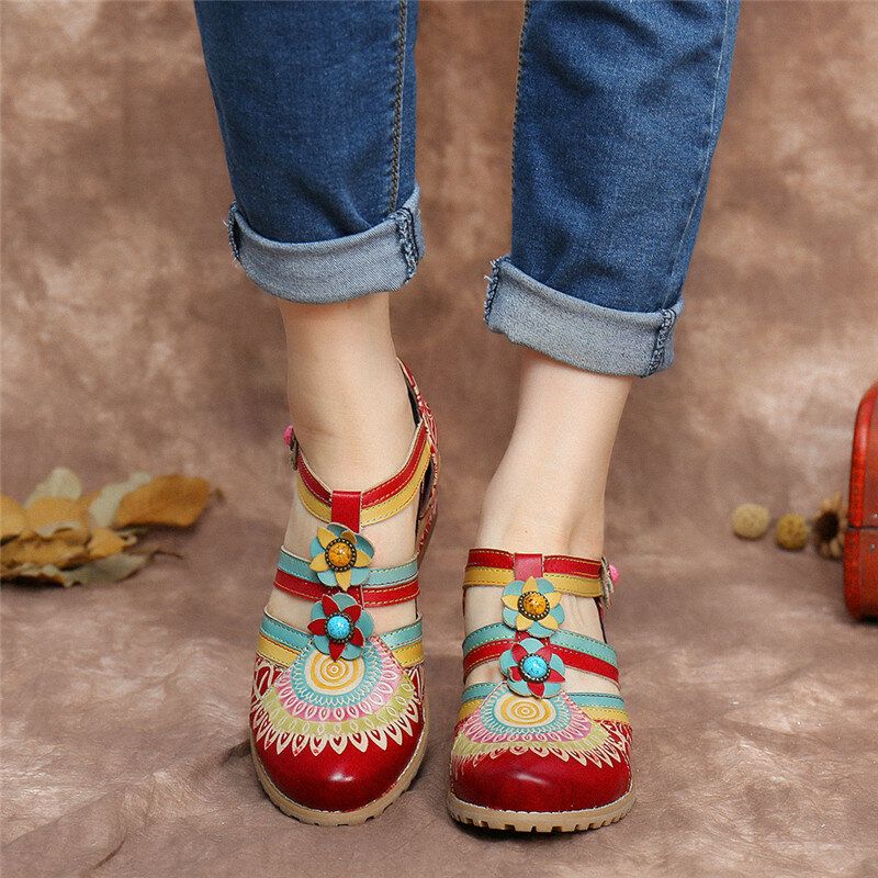 Bohemia Etnisk Stil Sömmar Präglade Pärlor Blommiga Chunky Heel Pumps