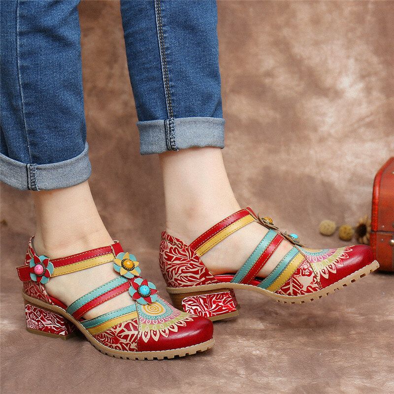Bohemia Etnisk Stil Sömmar Präglade Pärlor Blommiga Chunky Heel Pumps