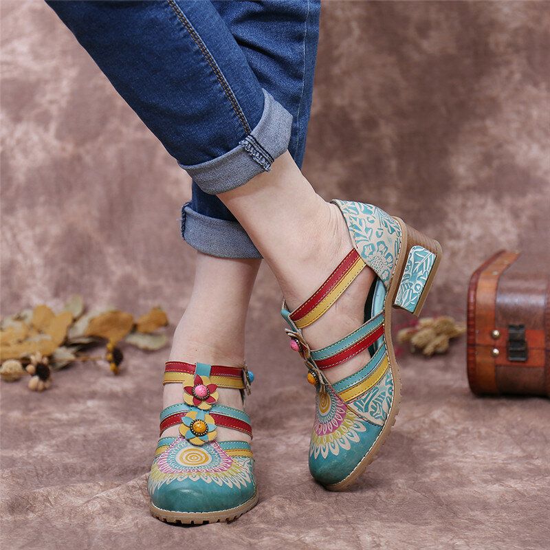 Bohemia Etnisk Stil Sömmar Präglade Pärlor Blommiga Chunky Heel Pumps