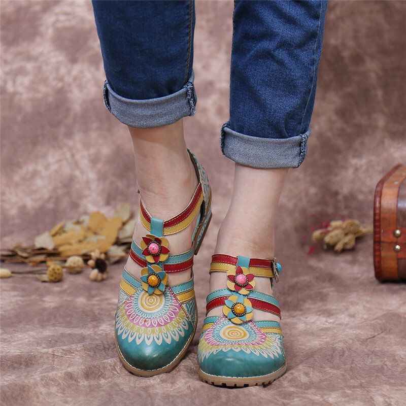 Bohemia Etnisk Stil Sömmar Präglade Pärlor Blommiga Chunky Heel Pumps