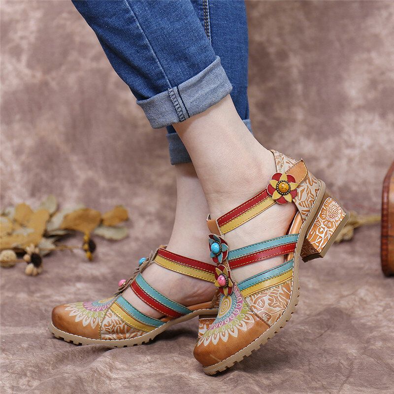 Bohemia Etnisk Stil Sömmar Präglade Pärlor Blommiga Chunky Heel Pumps