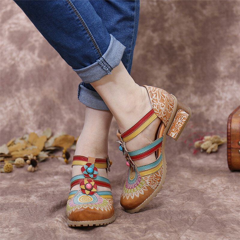 Bohemia Etnisk Stil Sömmar Präglade Pärlor Blommiga Chunky Heel Pumps