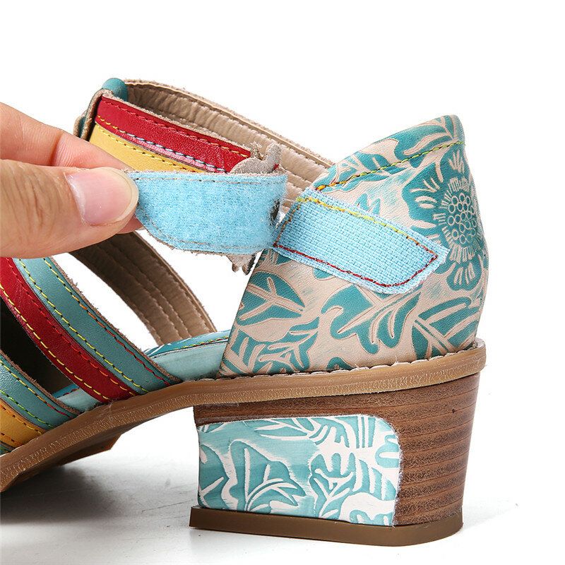 Bohemia Etnisk Stil Sömmar Präglade Pärlor Blommiga Chunky Heel Pumps