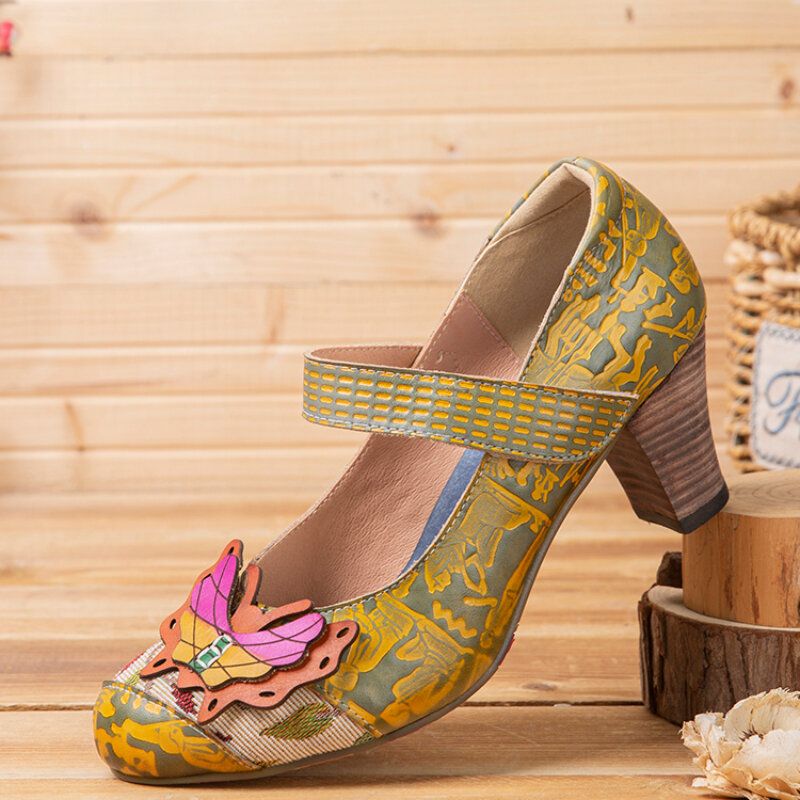 Butterfly Deocr Tryckt Kohudsläder Krokögla Bekväma Bärbara Chunky Heel Pumps