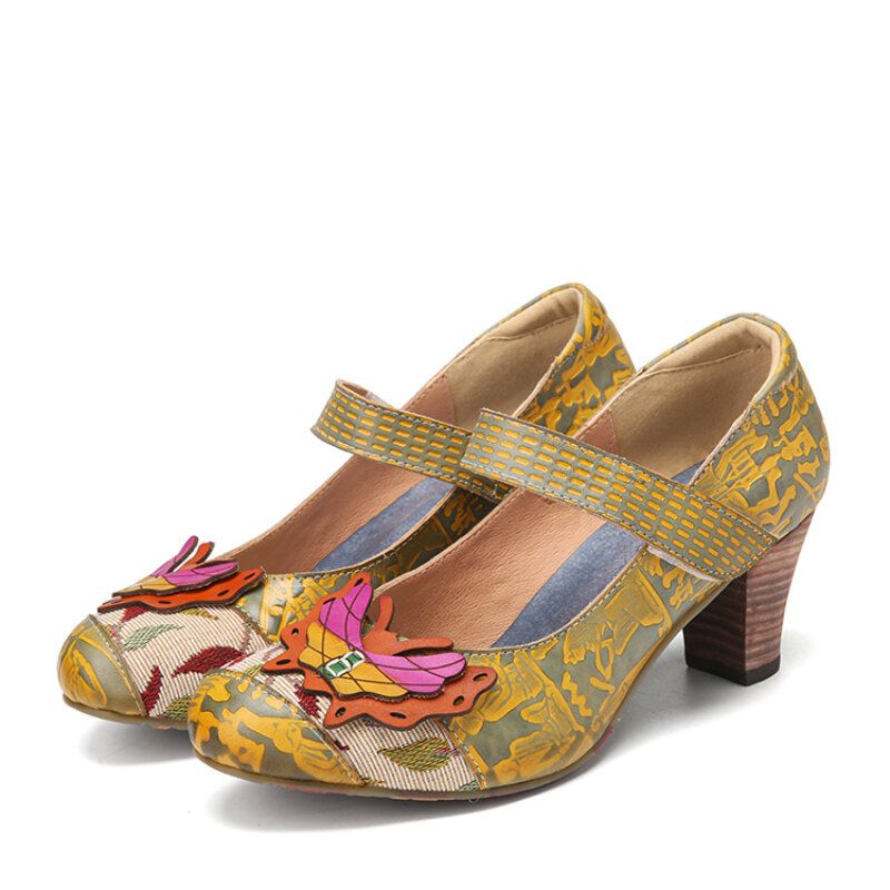 Butterfly Deocr Tryckt Kohudsläder Krokögla Bekväma Bärbara Chunky Heel Pumps
