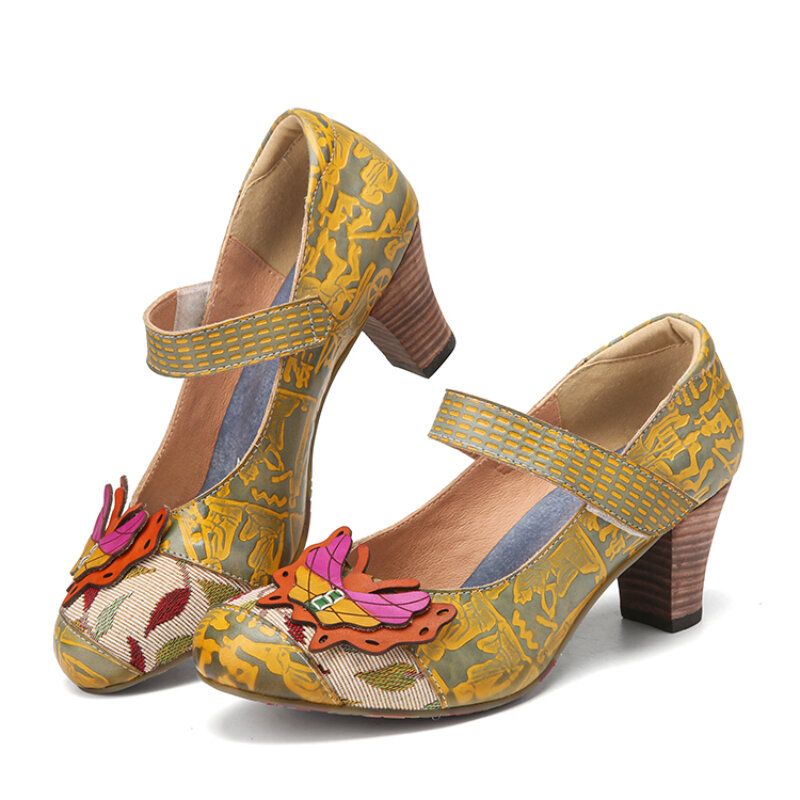 Butterfly Deocr Tryckt Kohudsläder Krokögla Bekväma Bärbara Chunky Heel Pumps