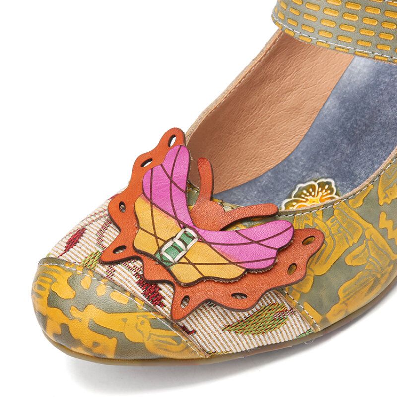 Butterfly Deocr Tryckt Kohudsläder Krokögla Bekväma Bärbara Chunky Heel Pumps