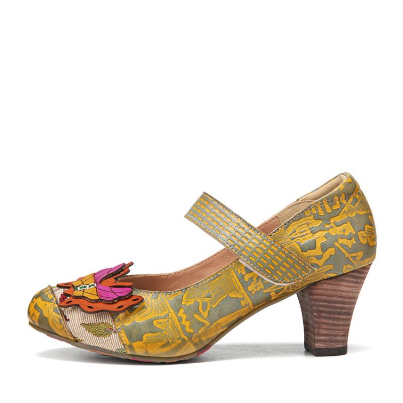 Butterfly Deocr Tryckt Kohudsläder Krokögla Bekväma Bärbara Chunky Heel Pumps