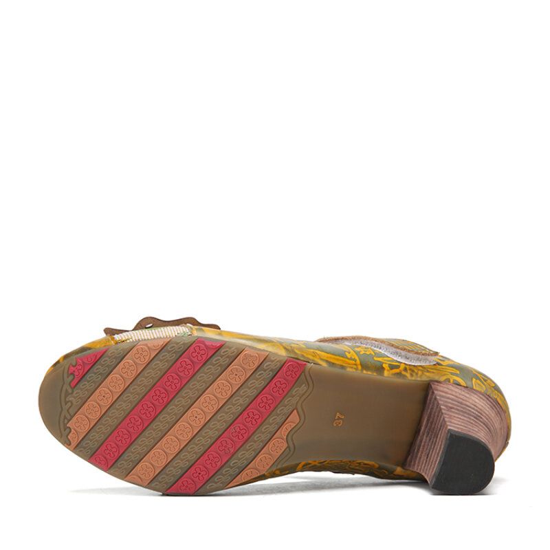 Butterfly Deocr Tryckt Kohudsläder Krokögla Bekväma Bärbara Chunky Heel Pumps