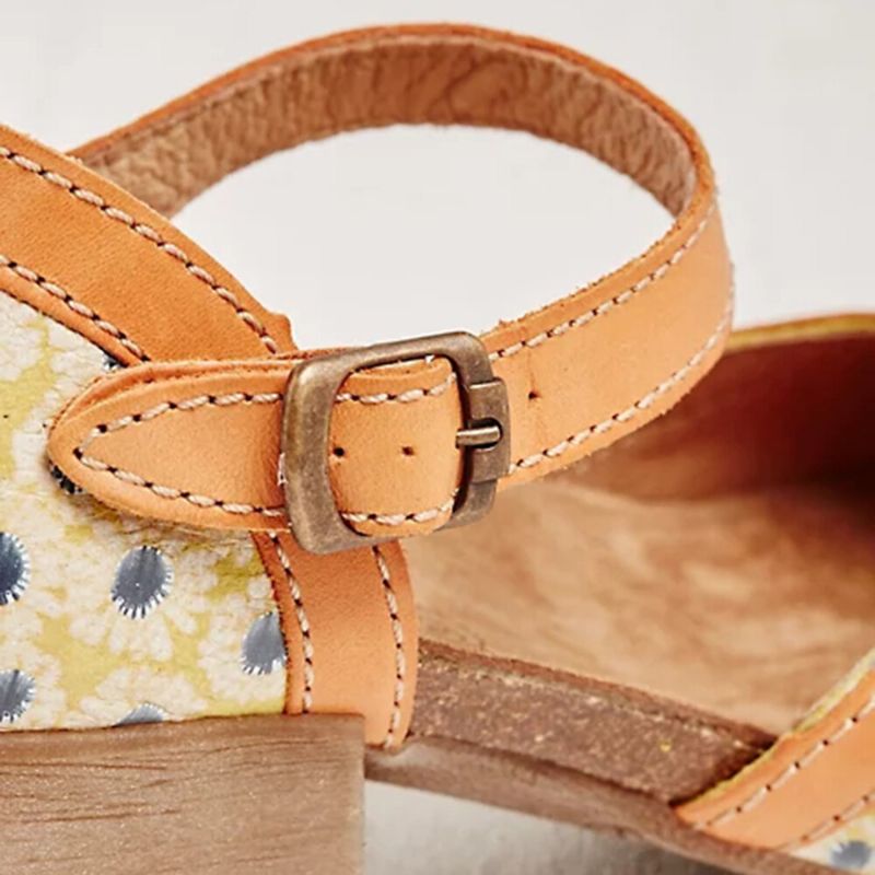 Dam Blommönster D'orsay Rund Tå Ankelrem Bekväm Casual Heels Pumps