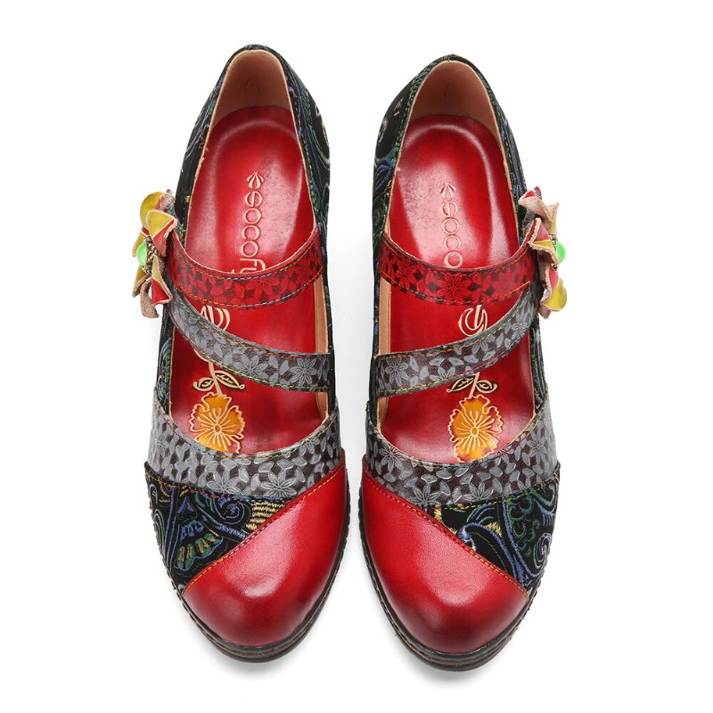 Krokögla I Äkta Läder Comfy Retro Colorblock Blomdekor Mary Jane Heels