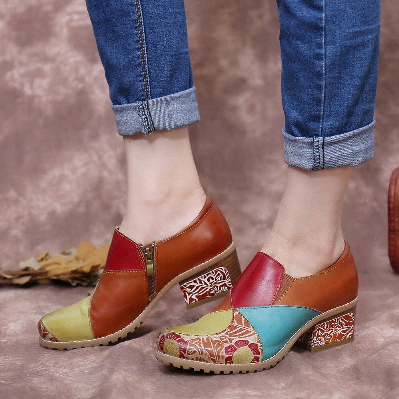 Retro Kontrast Skarvning Läder Dragkedja Lågklack Stövlar Slip On Block Heel Pumps