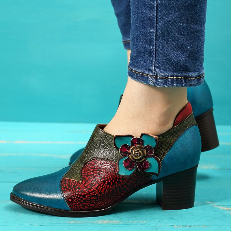 Vintage Handmålade Blommiga Skarvningsmönster Blixtlås Midhäl Pumps I Äkta Läder