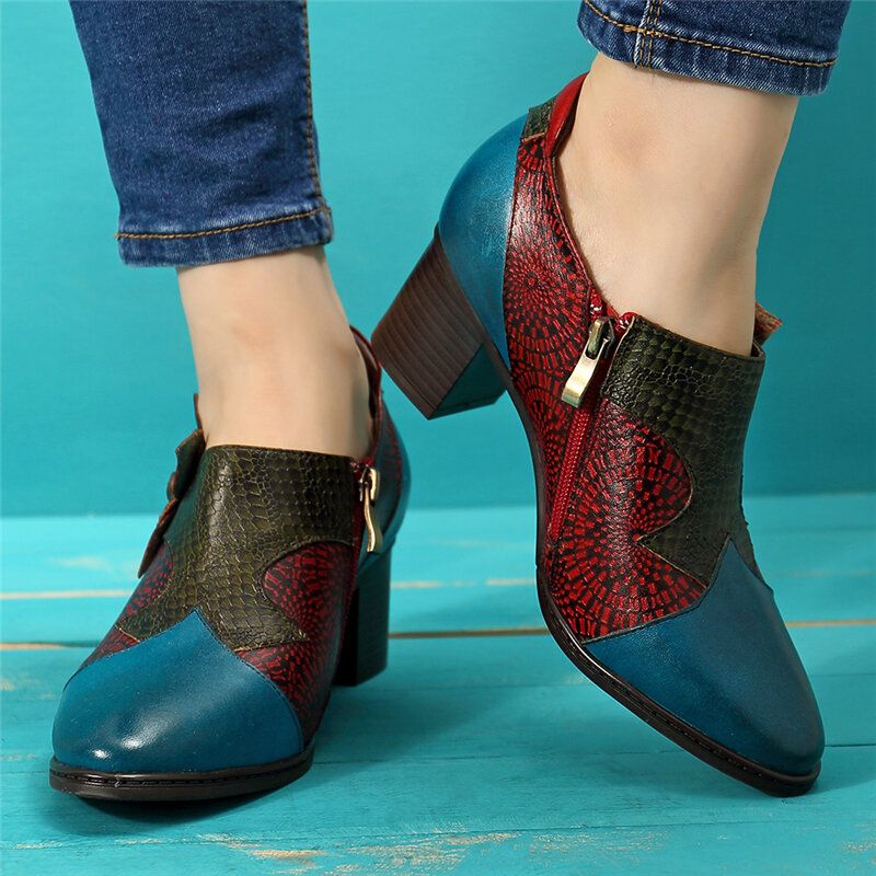 Vintage Handmålade Blommiga Skarvningsmönster Blixtlås Midhäl Pumps I Äkta Läder