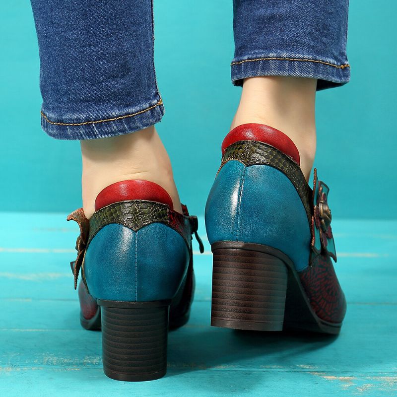 Vintage Handmålade Blommiga Skarvningsmönster Blixtlås Midhäl Pumps I Äkta Läder