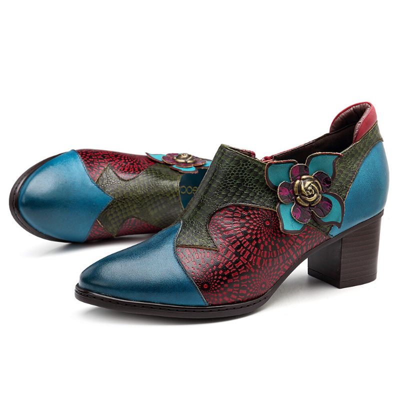 Vintage Handmålade Blommiga Skarvningsmönster Blixtlås Midhäl Pumps I Äkta Läder