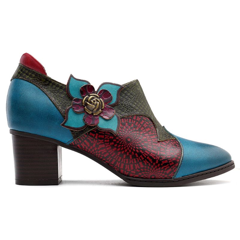 Vintage Handmålade Blommiga Skarvningsmönster Blixtlås Midhäl Pumps I Äkta Läder