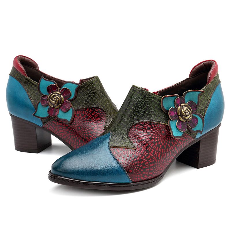 Vintage Handmålade Blommiga Skarvningsmönster Blixtlås Midhäl Pumps I Äkta Läder