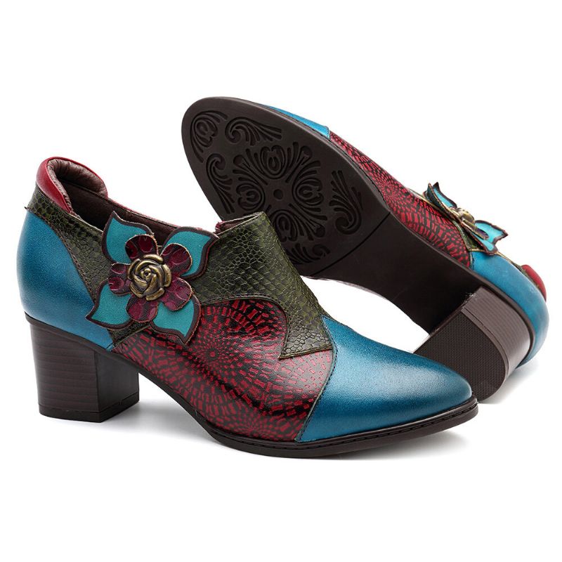 Vintage Handmålade Blommiga Skarvningsmönster Blixtlås Midhäl Pumps I Äkta Läder