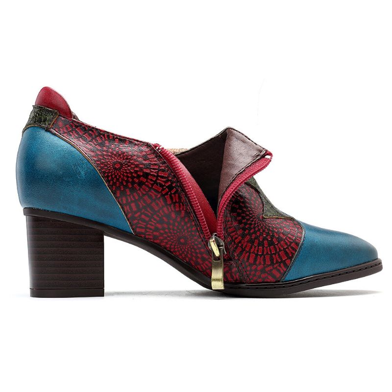Vintage Handmålade Blommiga Skarvningsmönster Blixtlås Midhäl Pumps I Äkta Läder