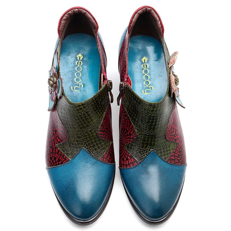 Vintage Handmålade Blommiga Skarvningsmönster Blixtlås Midhäl Pumps I Äkta Läder