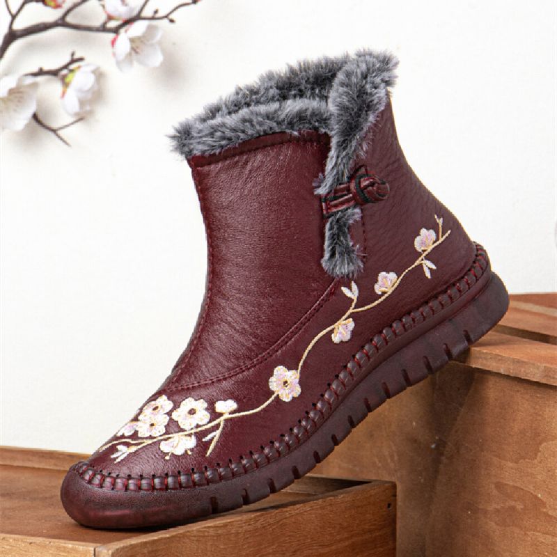 Dam Enfärgad Casual Retro Broderad Varm Bekväma Mjuka Platta Korta Stövlar