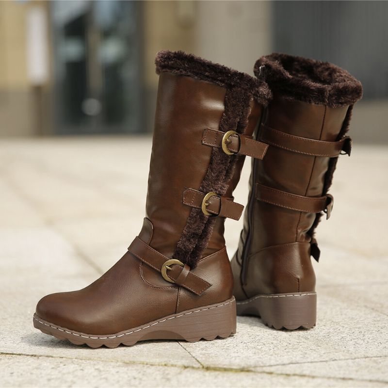 Dam Plysch Foder Spänne Dekor Mid Calf Motorcykel Boots