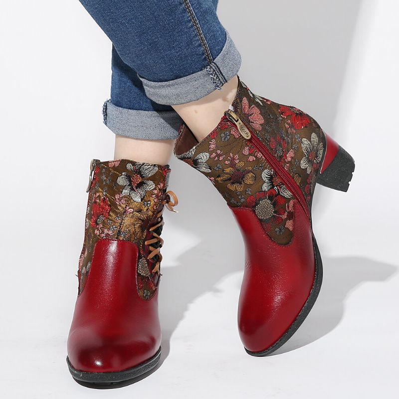 Elegant Floral Splicing Varmfodrad Dragkedja Chunky Heel Chelsea Boots