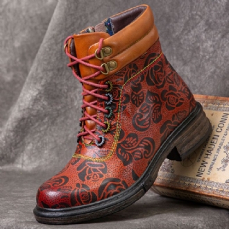 Kvinnor Äkta Läder Retro Blommönster Korta Stövlar Med Dragkedja I Sidan Martin Boots