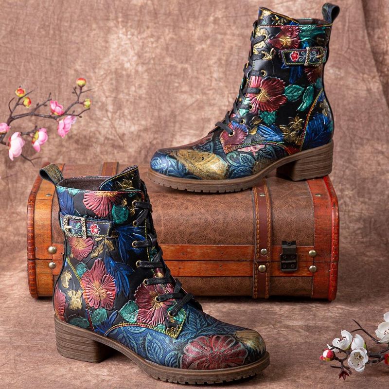 Kvinnor Retro Blomstertryck Läder Bekväma Tjocka Klackar Snörningsstövlar På Mitten Av Vaden
